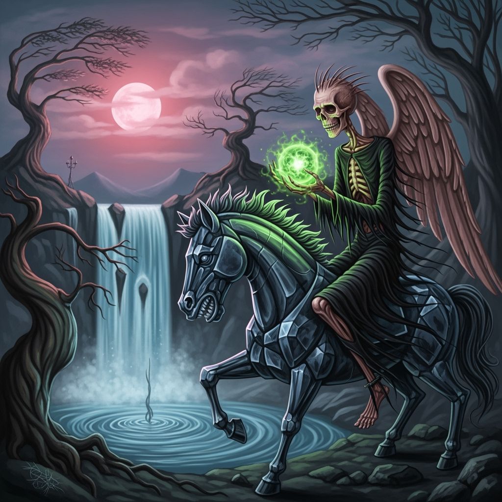 a skeletal angel covered by papery skin with twisted bony fr...