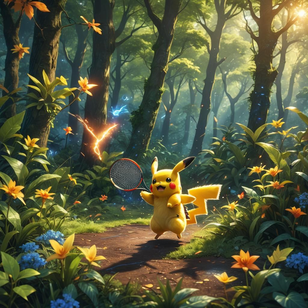 Pikachu Plays Tennis in Lush Forest: Fantasy Art