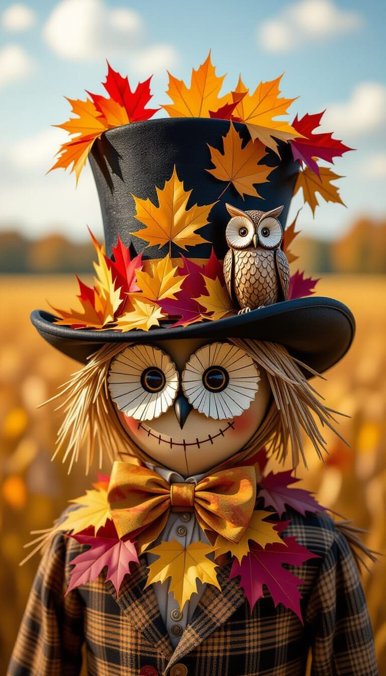 Autumn Leaf Top Hat Adorned With Wooden Owl