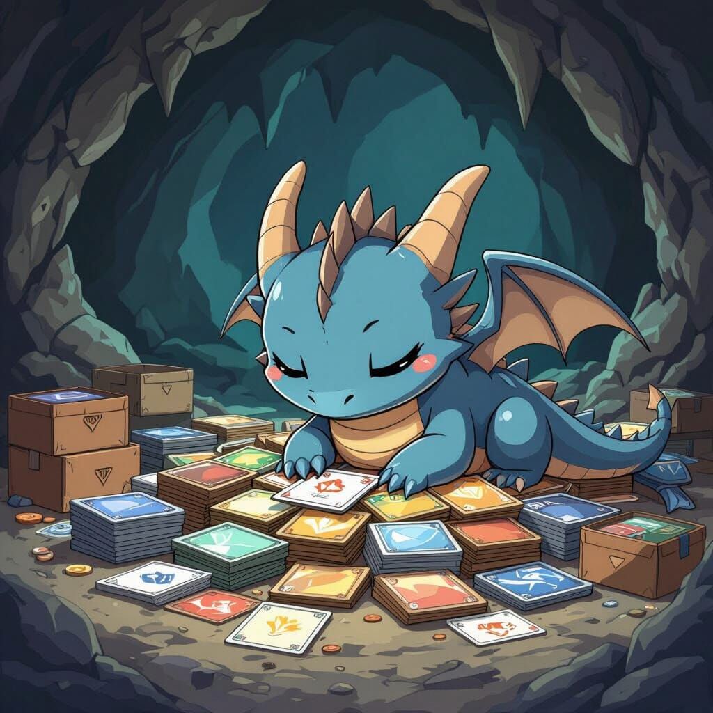 Chibi Dragon Guarding Magic Cards in Cave