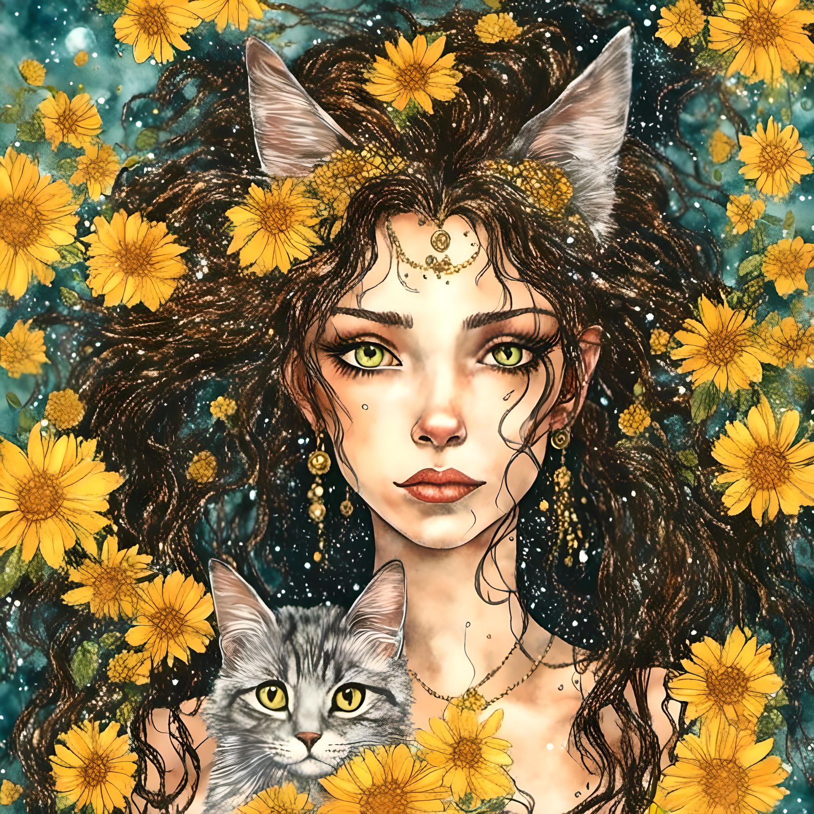 Girl Gazing at Cat: Detailed Matte Painting