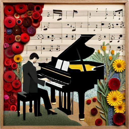 Piano Player Collage Art with Flowers and Ephemera