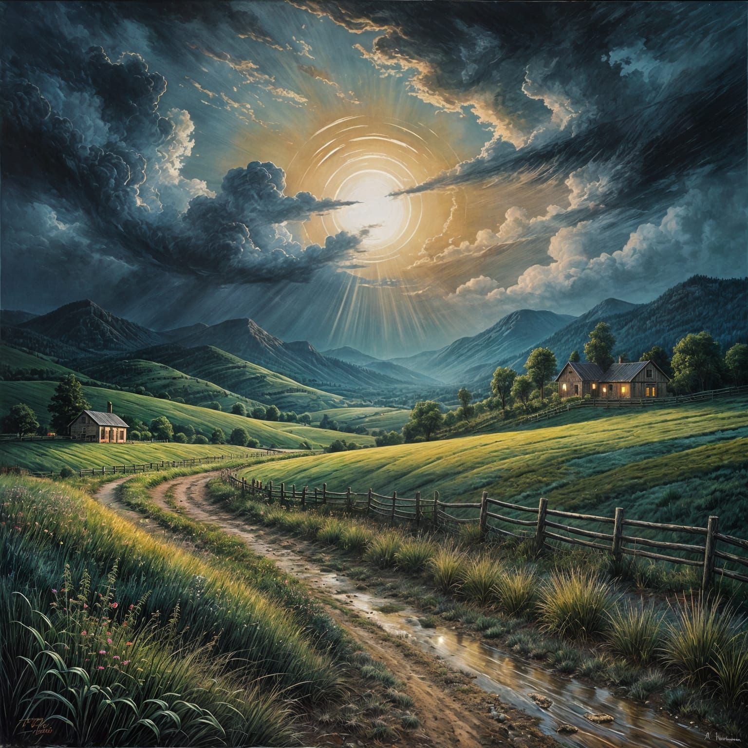 Moody Ink and Wash Landscape Painting of Countryside at Nigh...