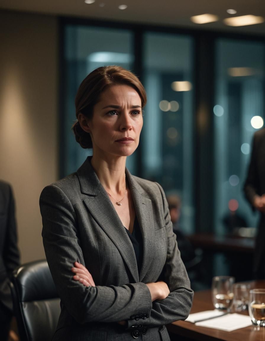 Frustrated Woman in Dimly Lit Boardroom