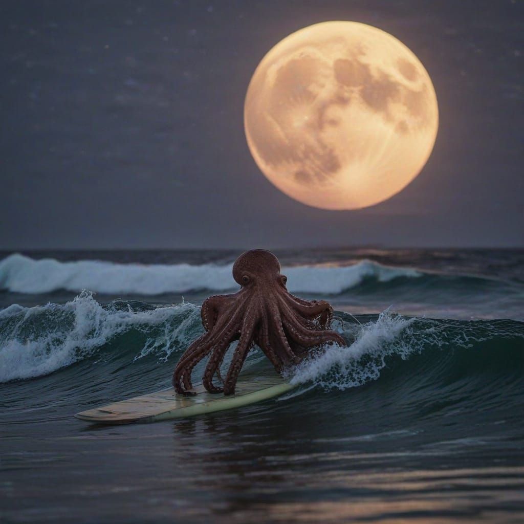 Octopus Rides the Night Surf in Vibrant Moonlight