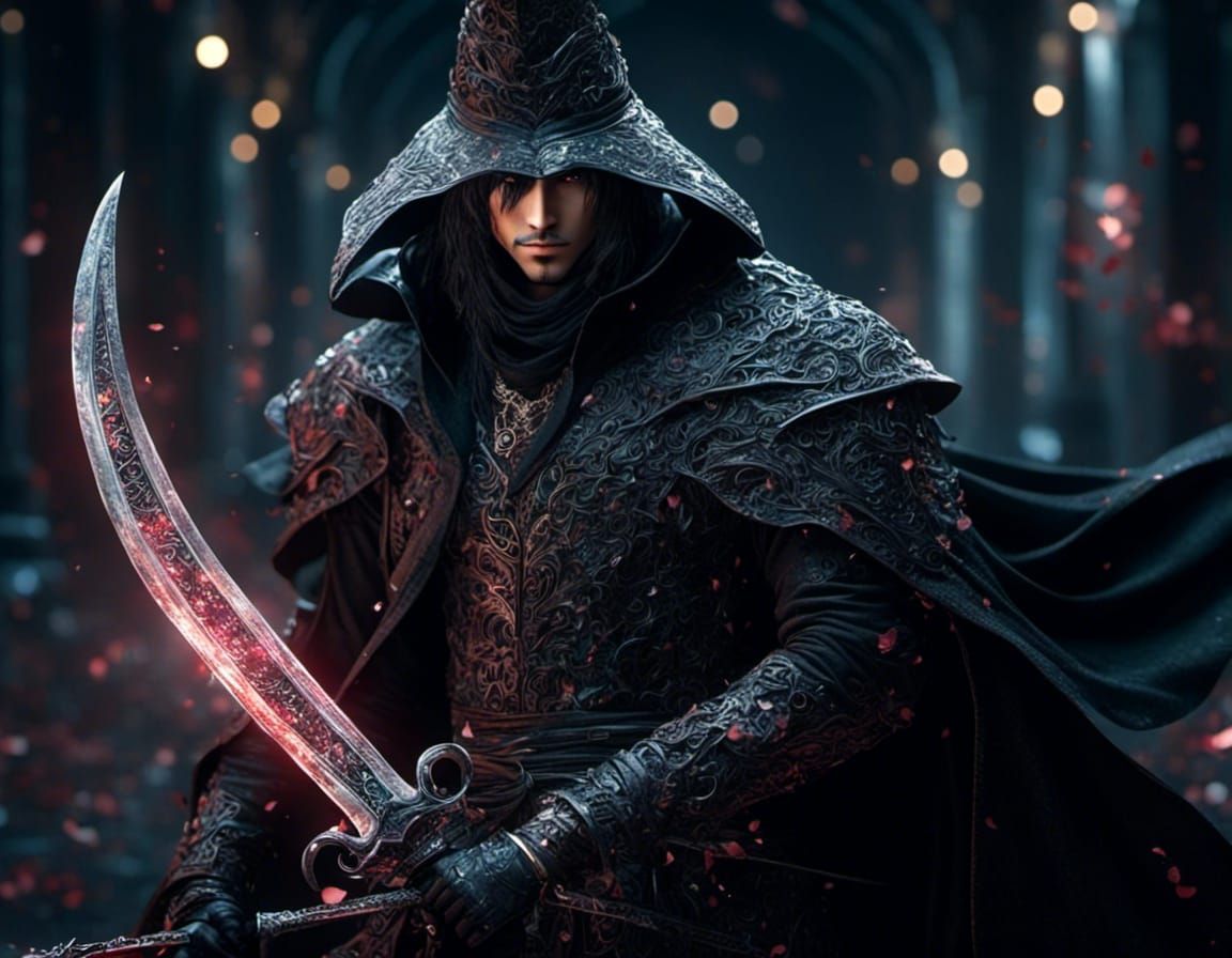 Handsome Swordsman in Witch Hat with Curved Sword