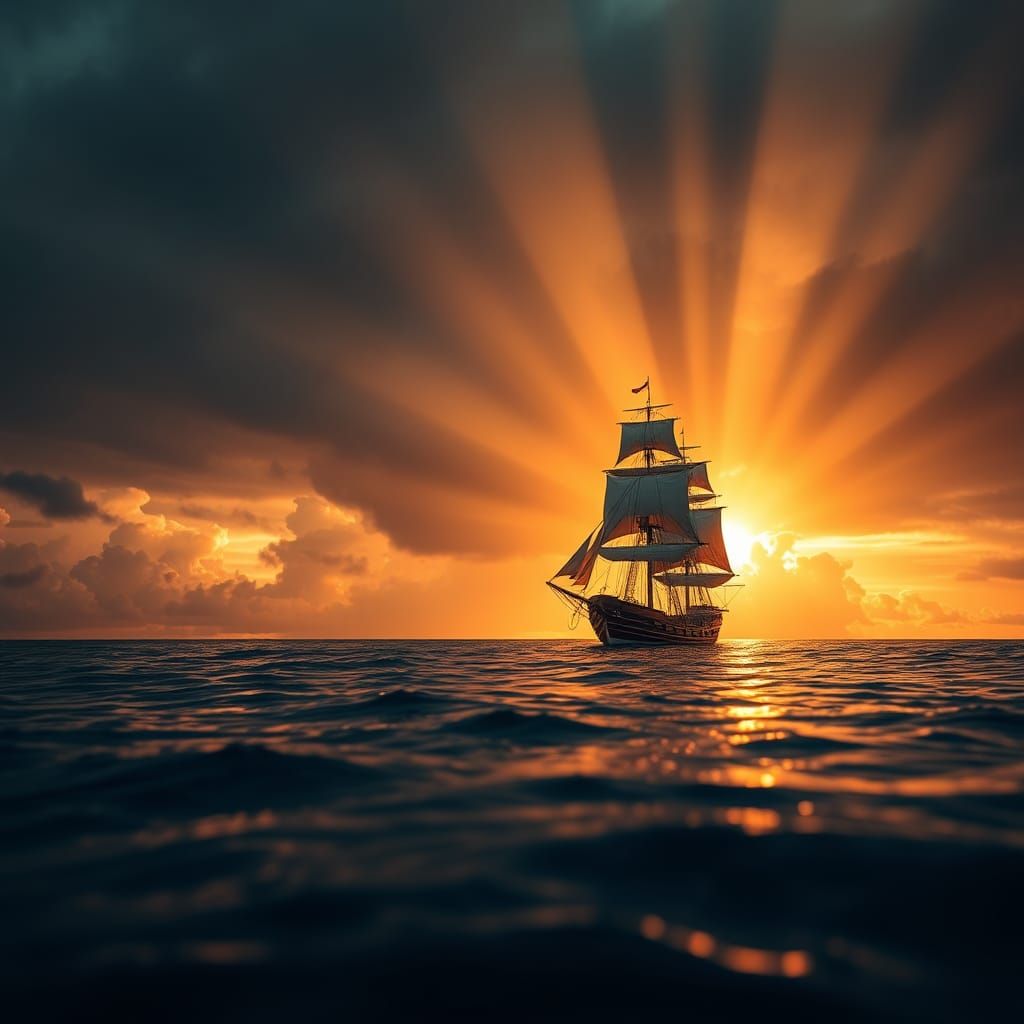 Pirate Ship on Calm Waters at Sunset