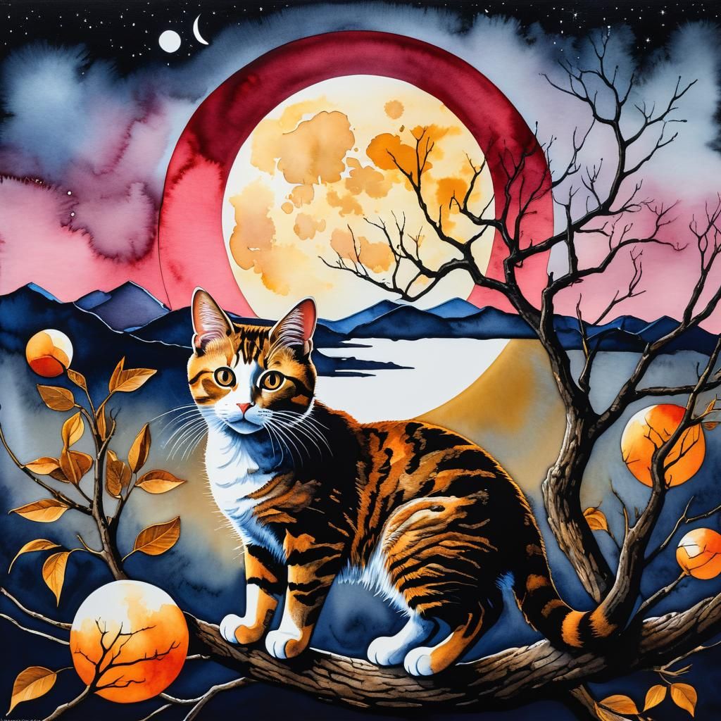 Steampunk Cat in Tree Watercolor Painting