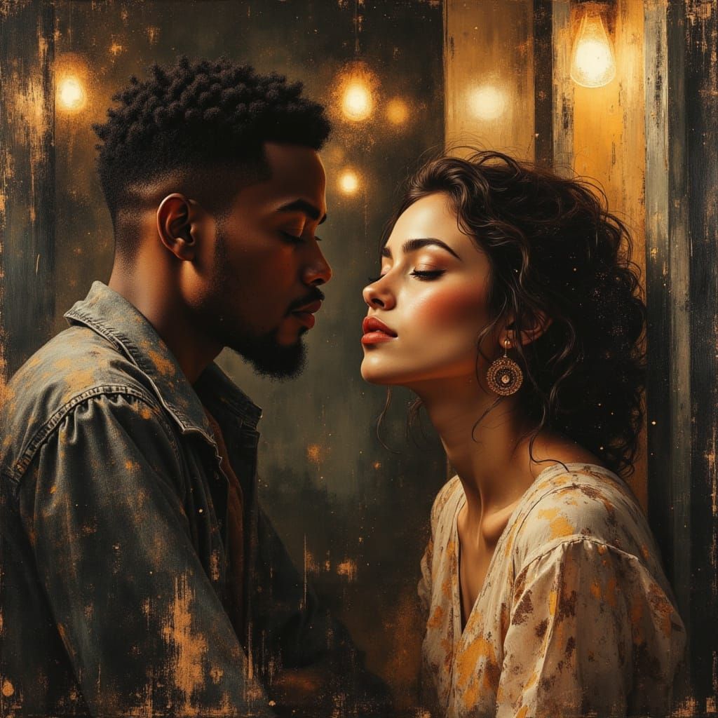 Intimate Cafe Scene: African American Couple in Oil Painting...