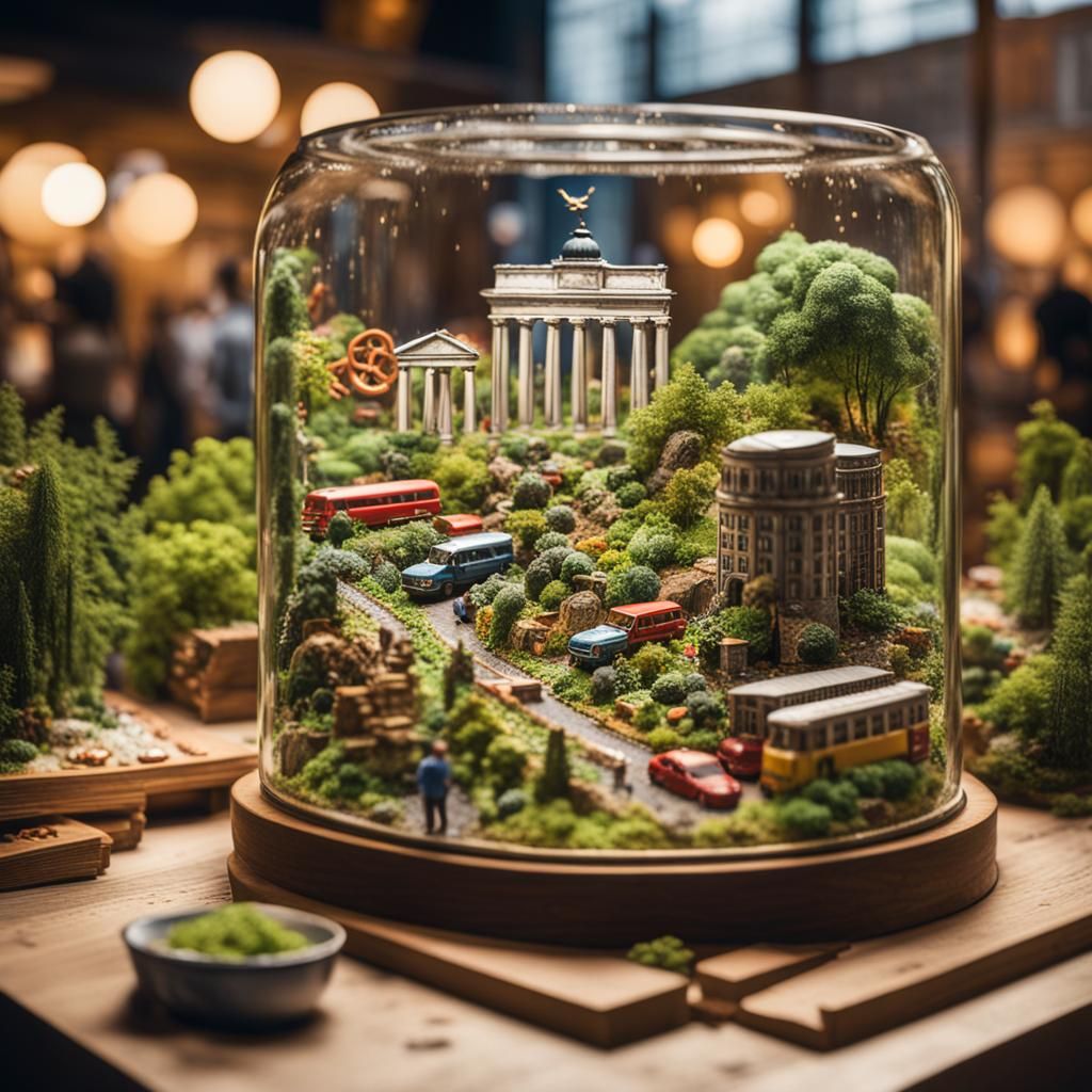 The terrarium captures the essence of Berlin with miniature replicas of landmarks like the Brandenburg Gate and Berlin W...