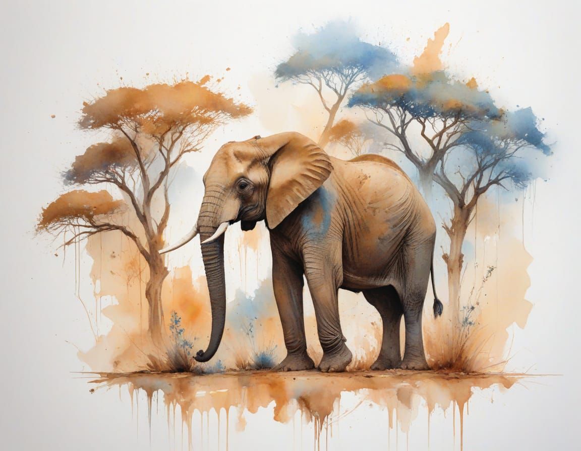 African Elephant on Savannah in Watercolour Style