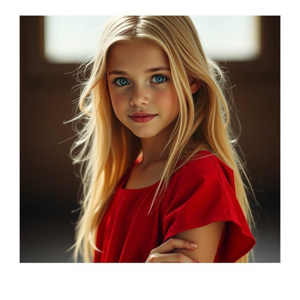 Golden Blonde Girl in Bright Red Dress, Athletic and Adventu...