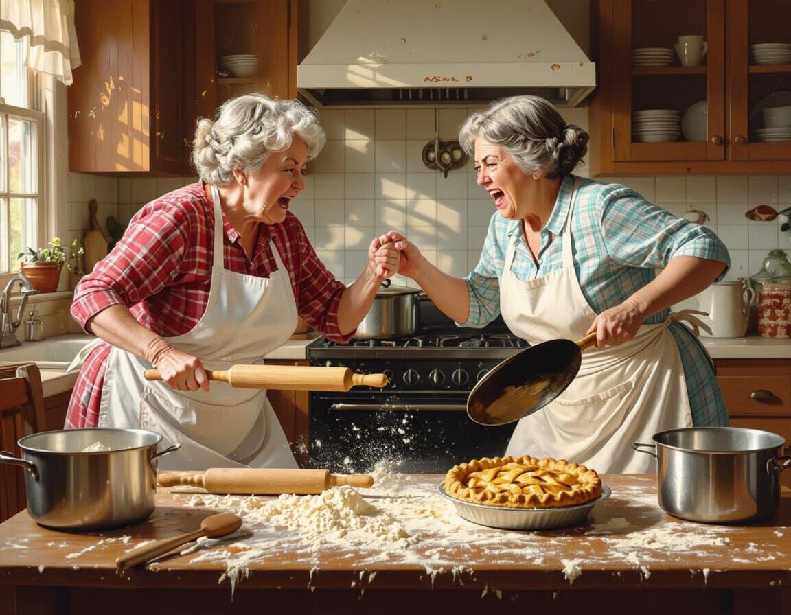 Elderly Women's Rolling Pin Brawl in Cozy Kitchen