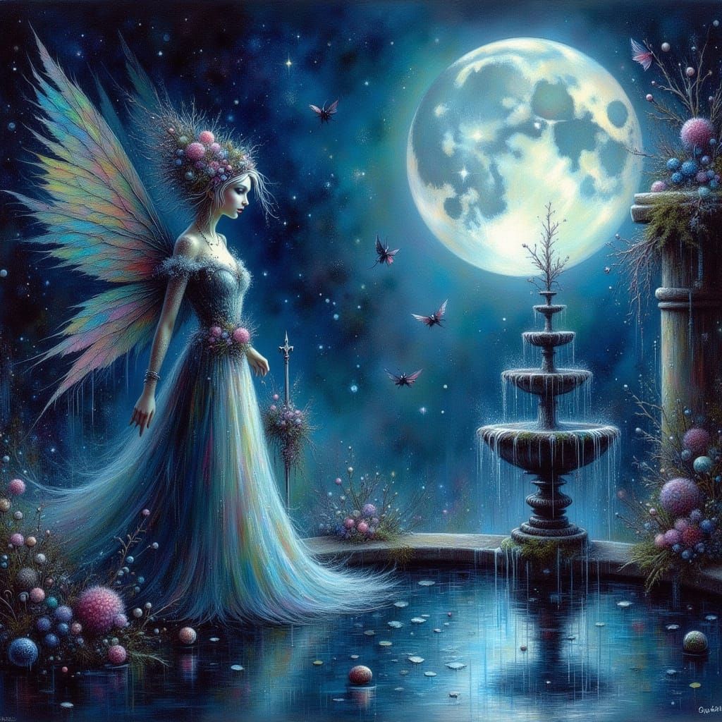Sorceress by Moonlit Fountain in Watercolor Style