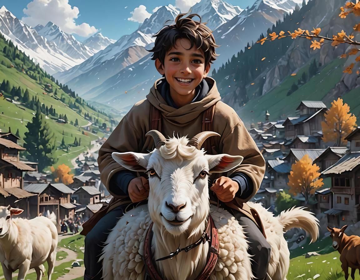 Happy Kashmiri Boy Rides Goat: 3D Anime Art
