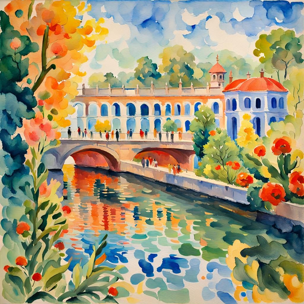 Impressionist Sunset River in Gouache and Watercolor