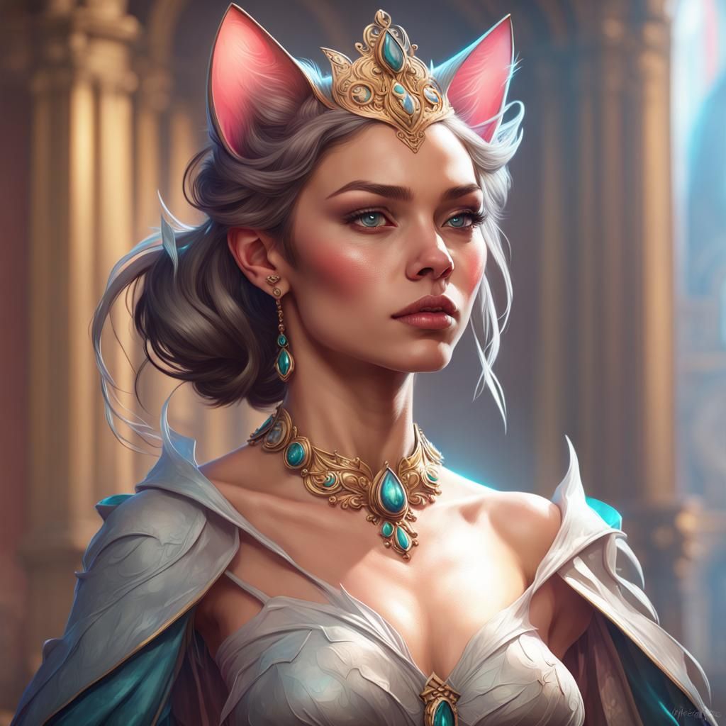 Hyperdetailed Cat Princess Portrait in Art Nouveau Style