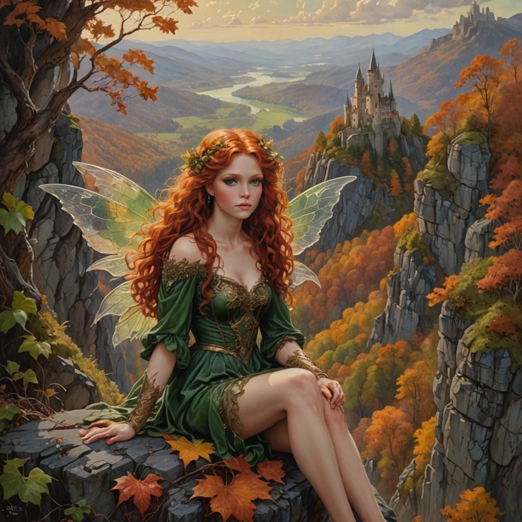 Autumn Fairy on Mountain Cliff, in Oil Painting Style