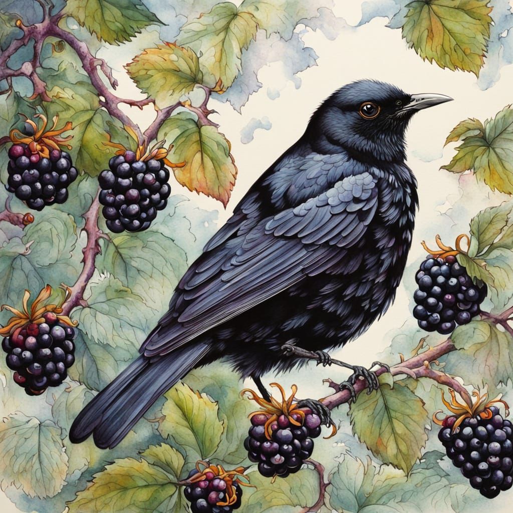 Ethereal Blackbird Amidst Blackberries in Vibrant Chinese In...