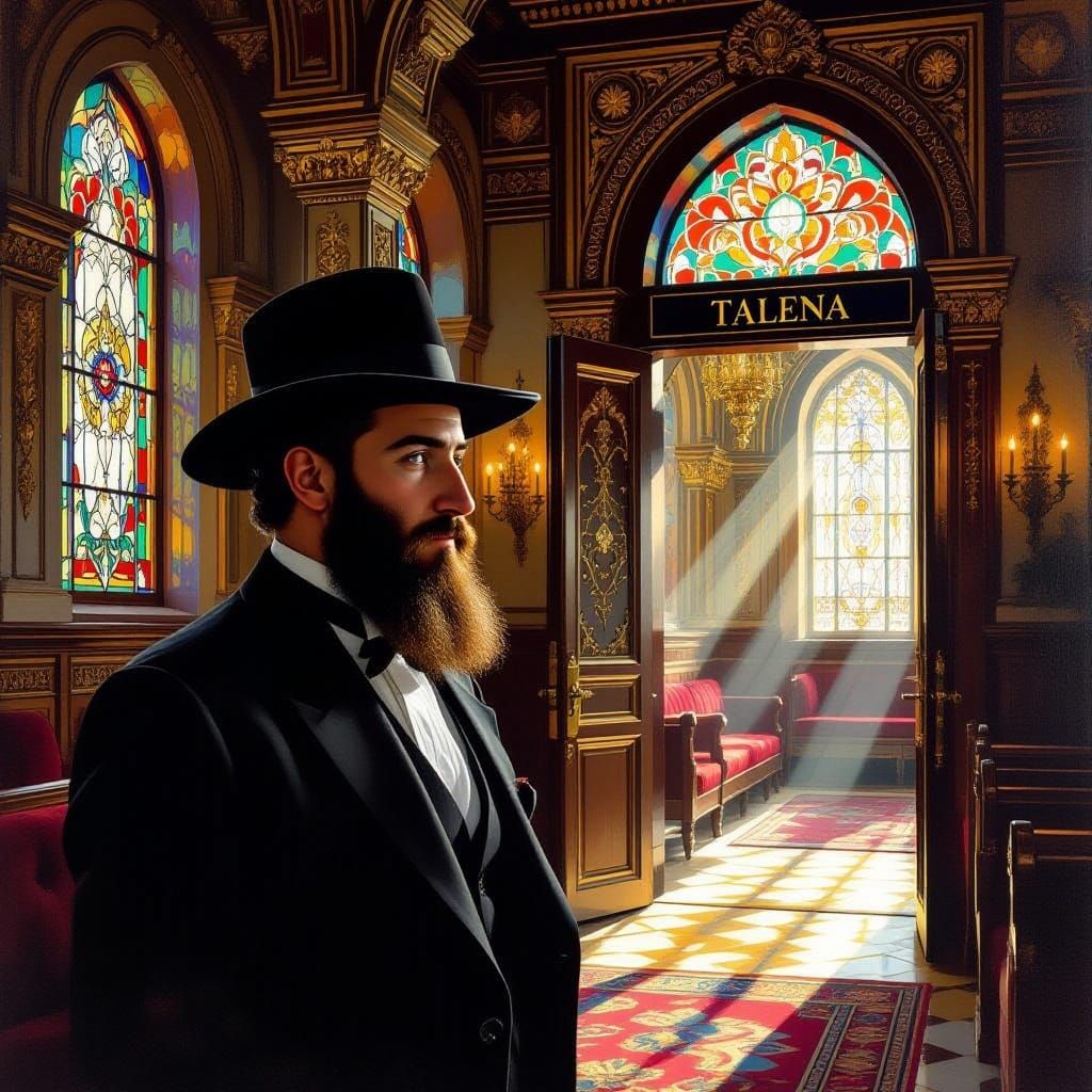 Hasidic Man in Ornate Synagogue with "Talena" Sign