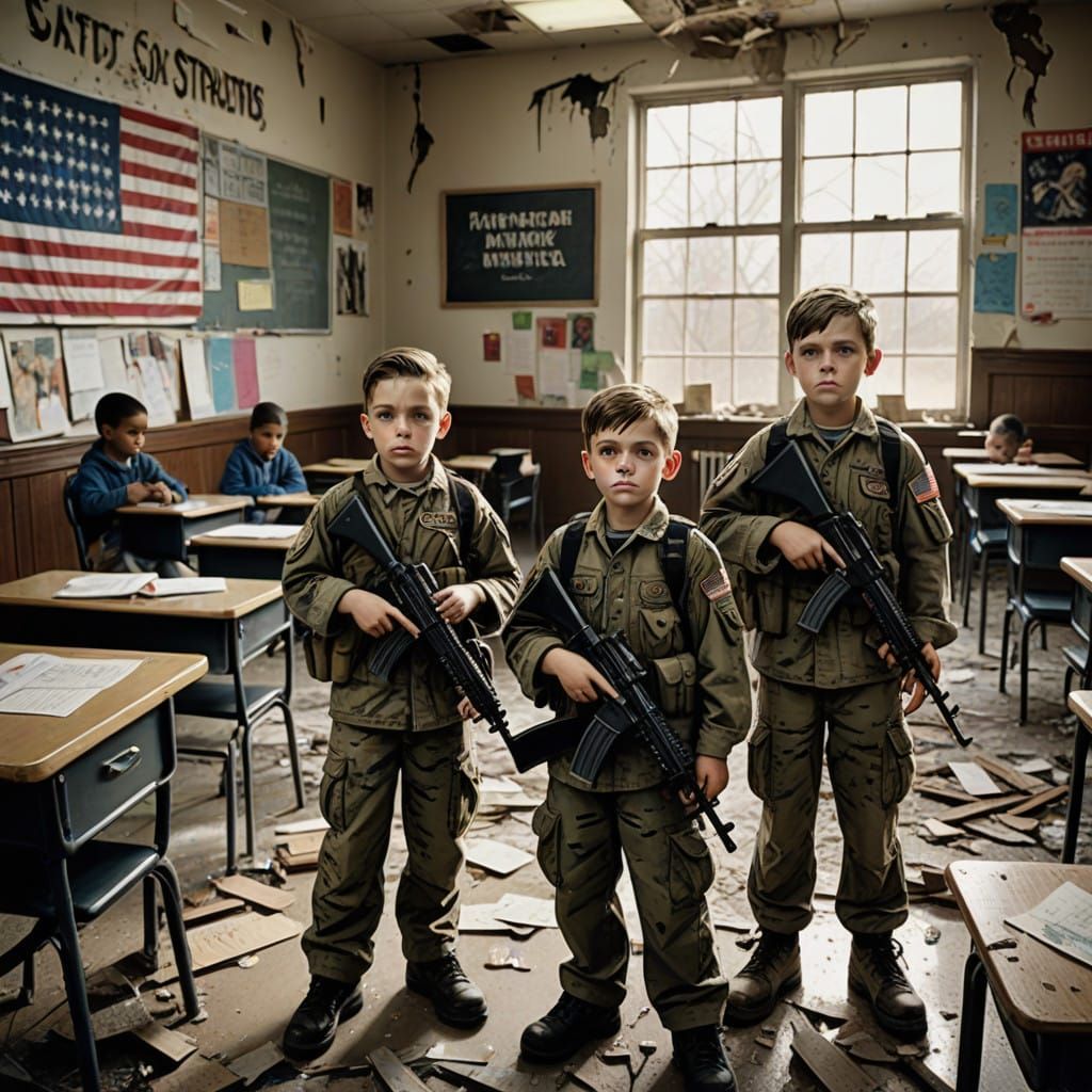 War-Torn Elementary School in USA, with Republican Propagand...