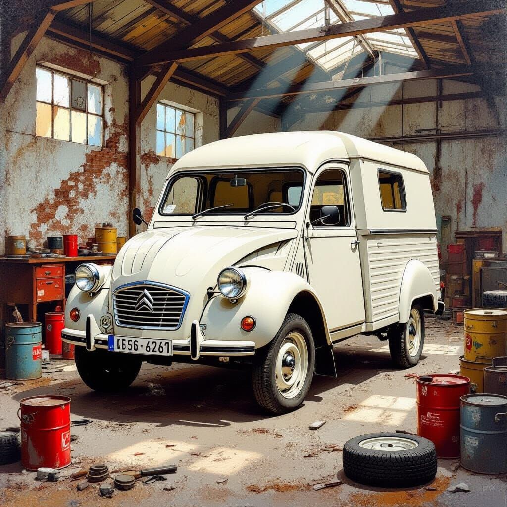 Citroën 2CV Trucks in Abandoned Workshop Oil Painting