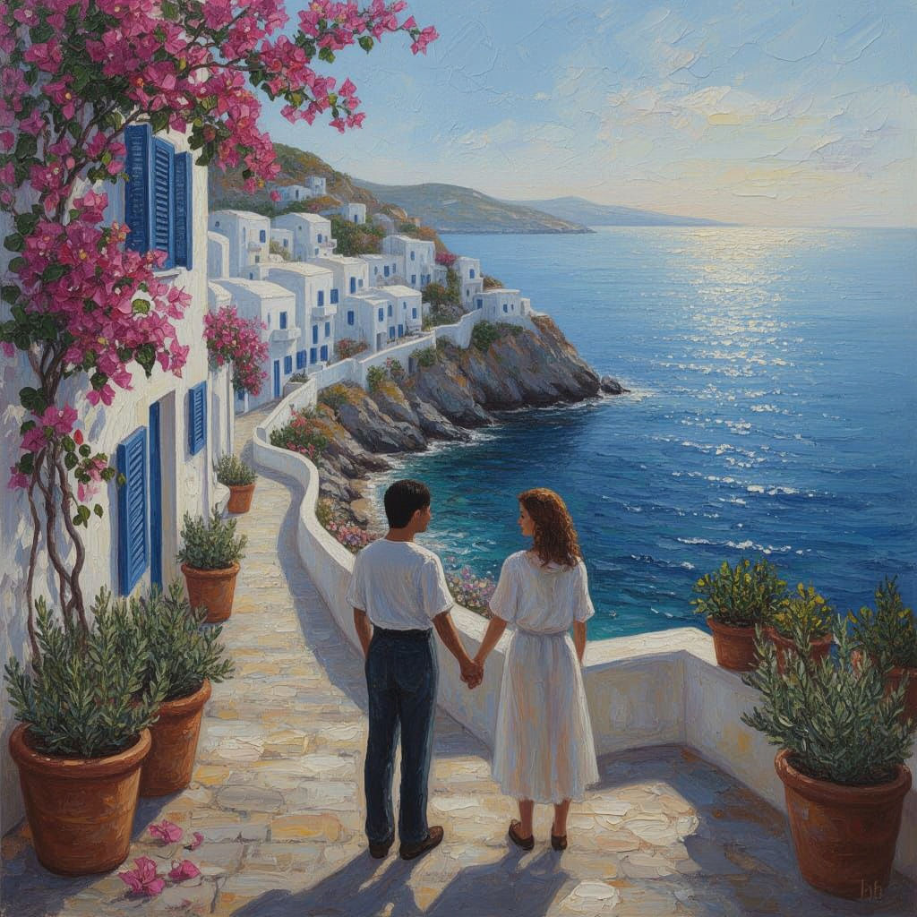 Couple on Mediterranean Terrace in Neo-Impressionist Style