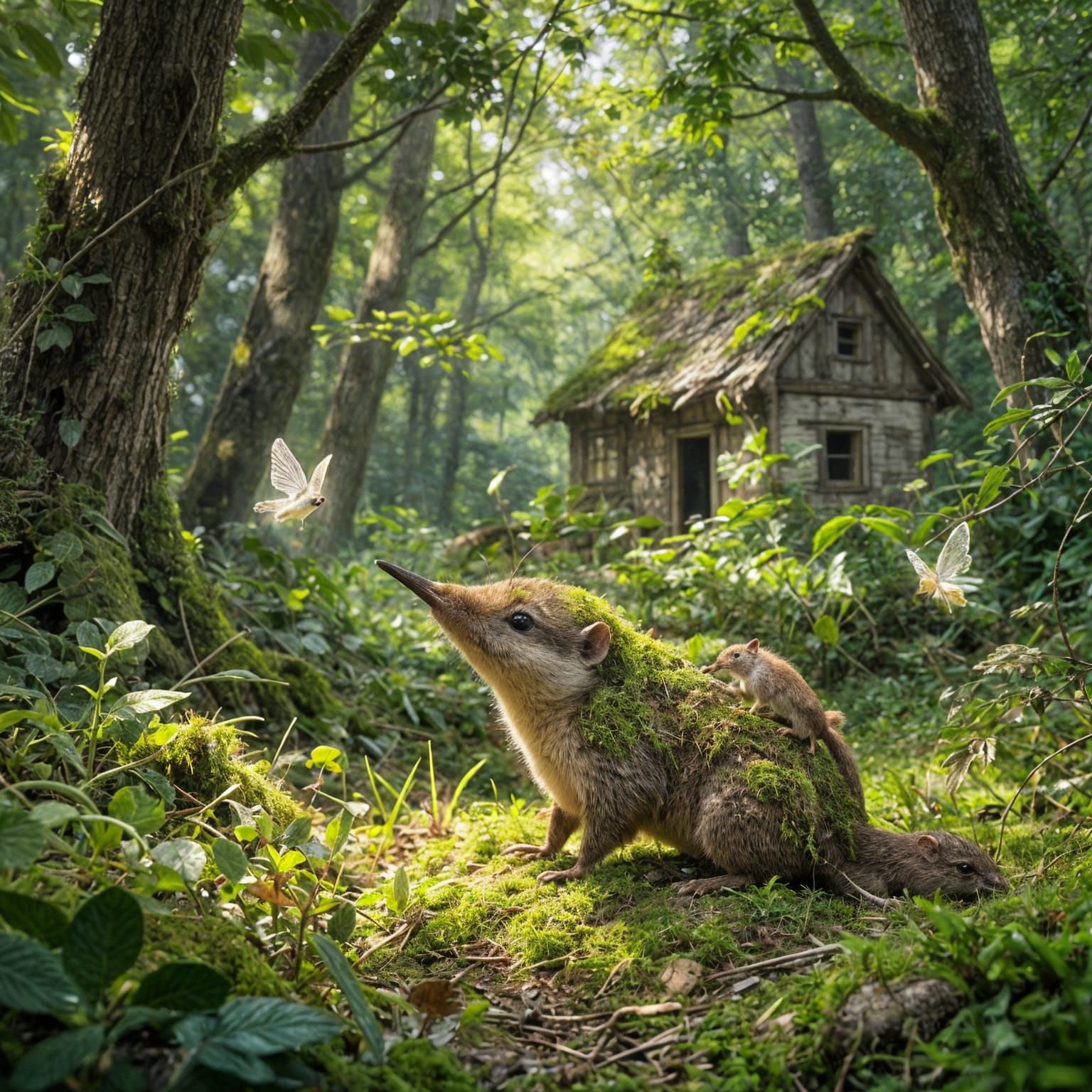 Mossy Forest Creature with Fairies, Storybook Style