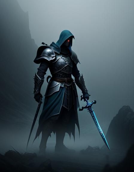 Knight on Misty Mountain with Glowing Sword