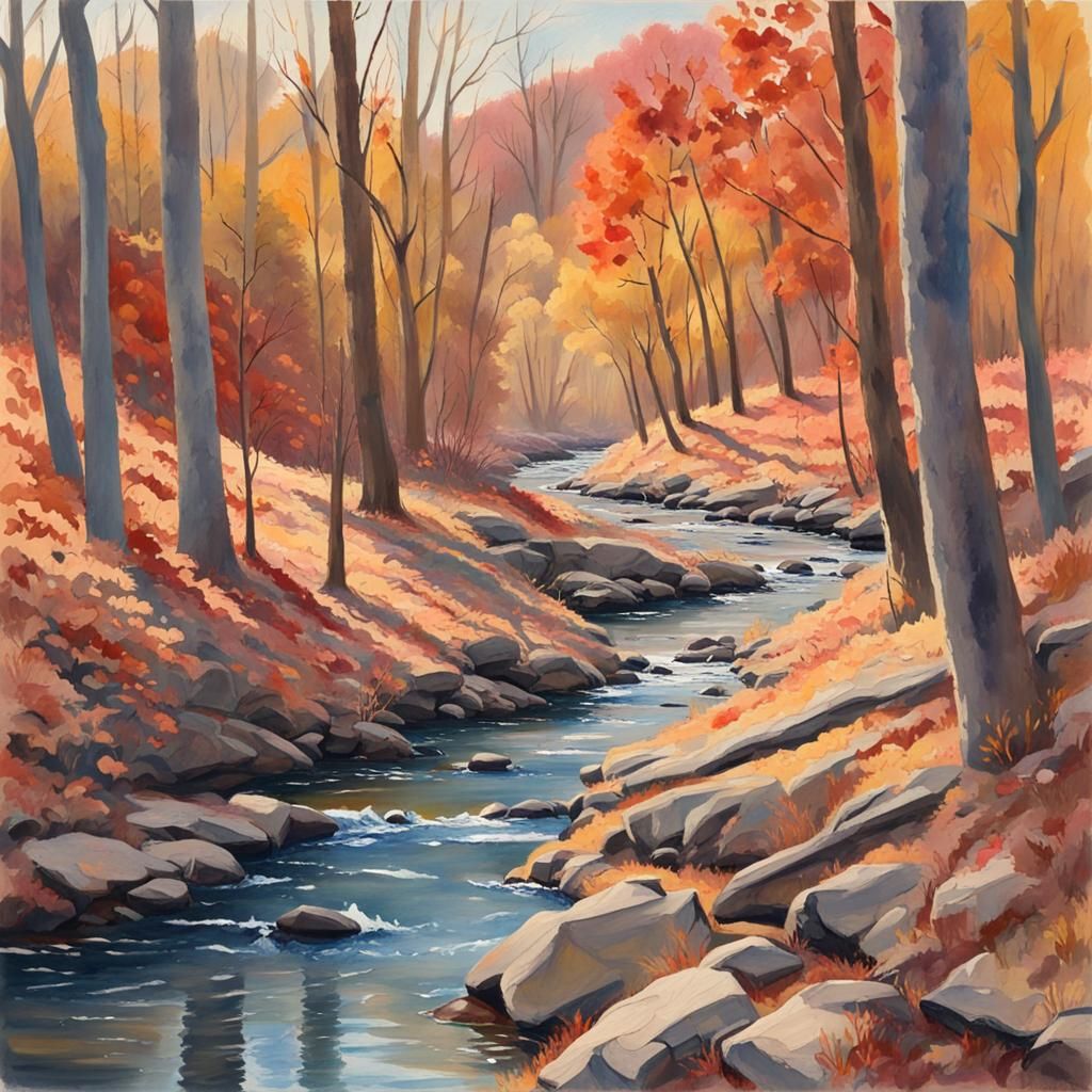 Ozarks Stream in Autumn: Gouache Impressionist Painting