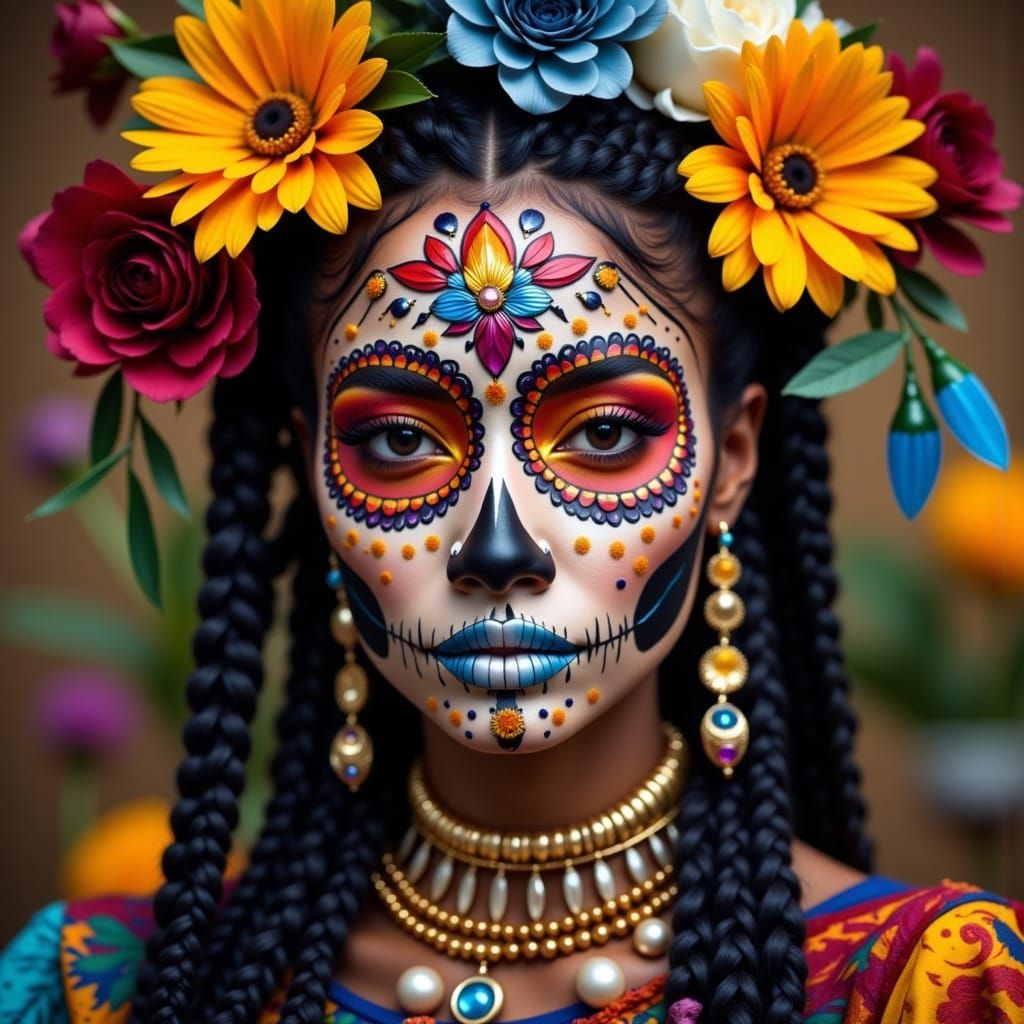 African Beauty in Vibrant Day of the Dead Costume