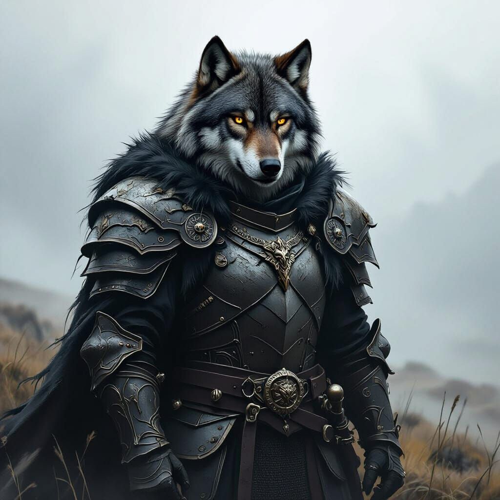 Armoured Wolf on Misty Moor in Dark Fantasy Style