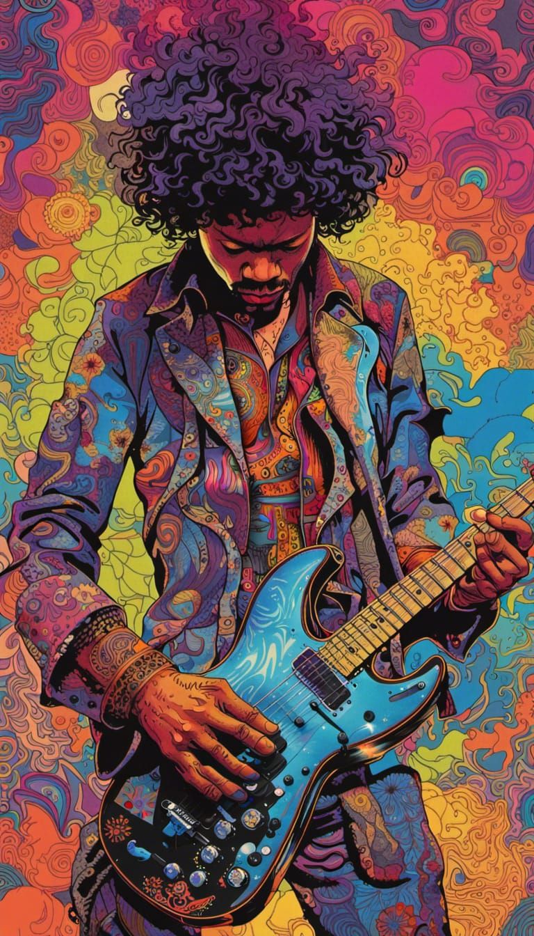 Jimi Hendrix in Neon Triadic Ink Illustration