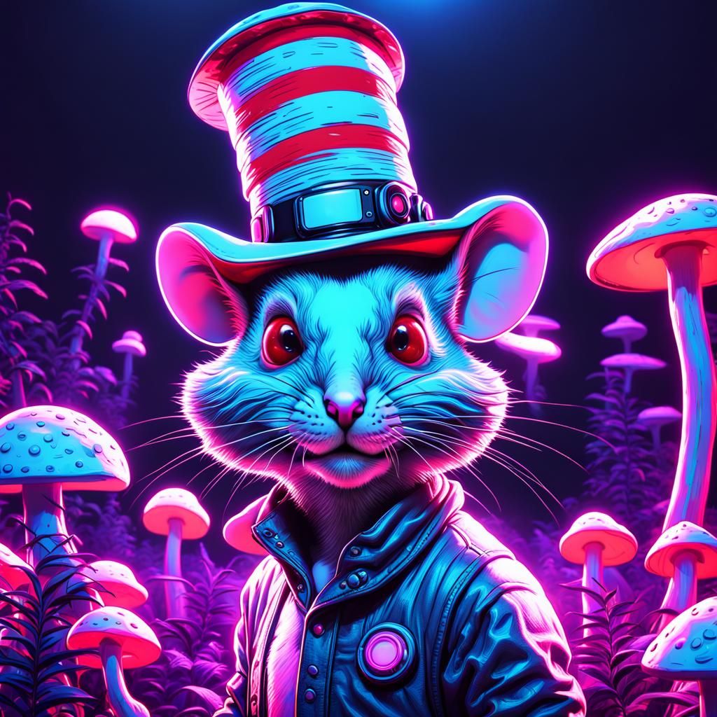 black light poster of mouse in the hat  ,giant mushroom,real...