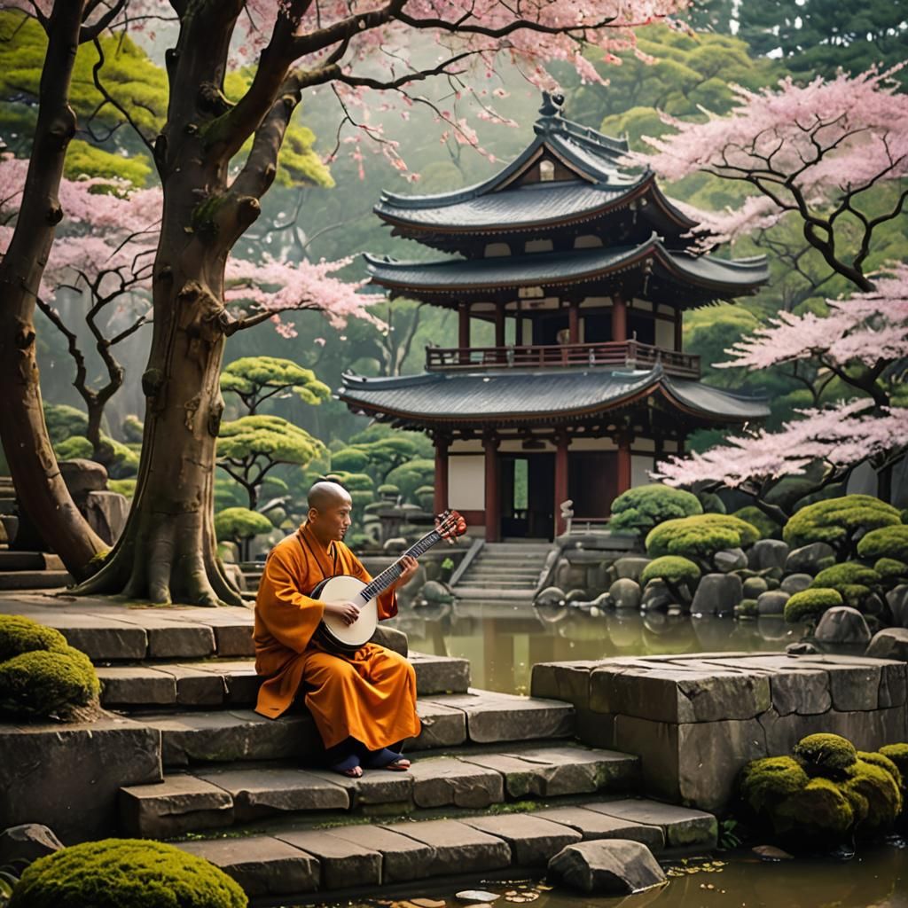 Monk Plays Banjo at Temple in Anime Style