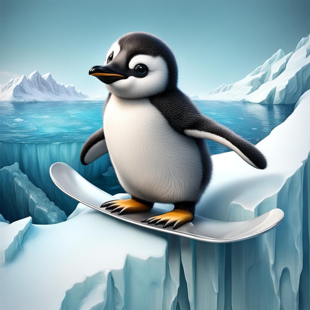 Cute Baby Penguin Slides Down Icy Hill