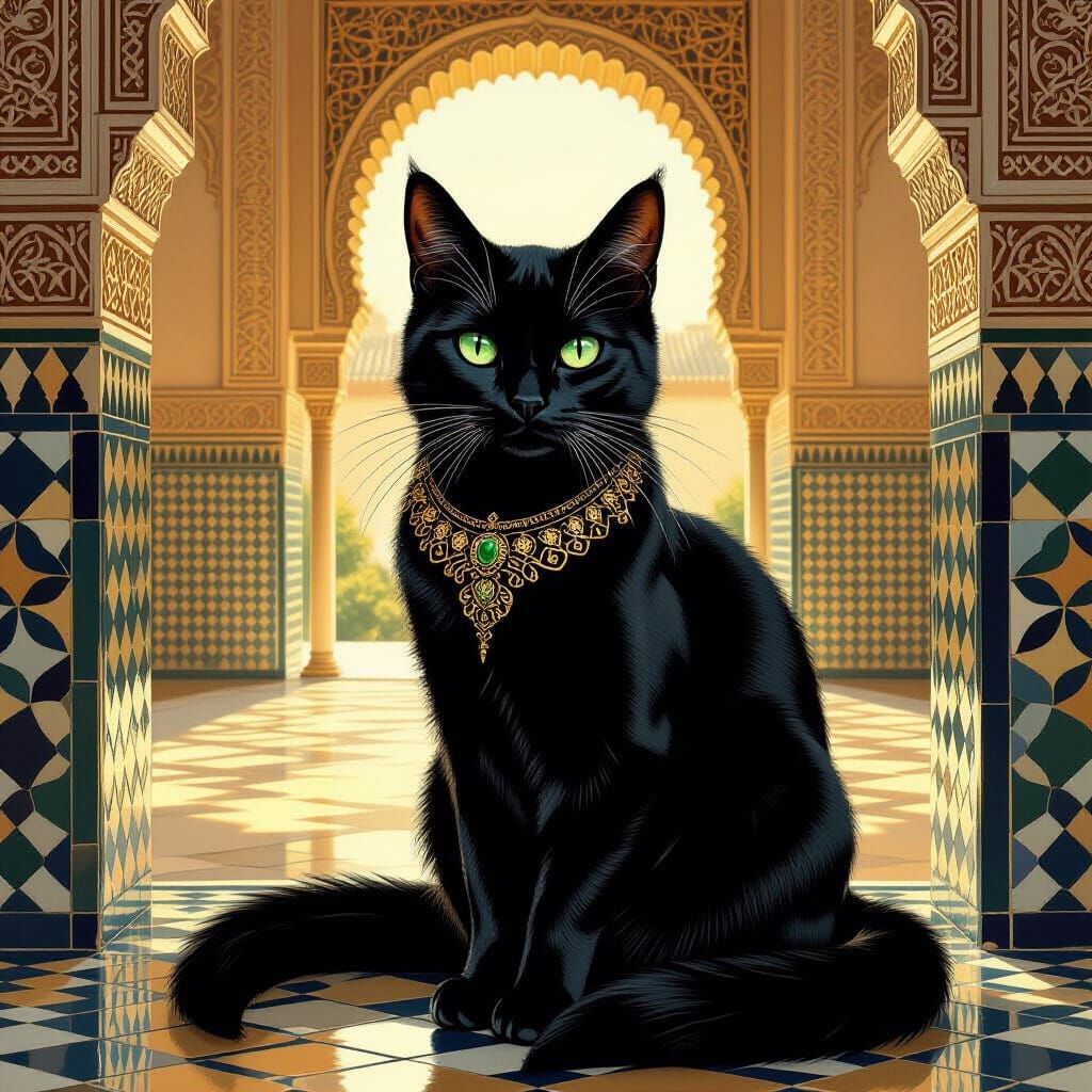 Regal Black Cat with Golden Arabesque Patterns in Alhambra