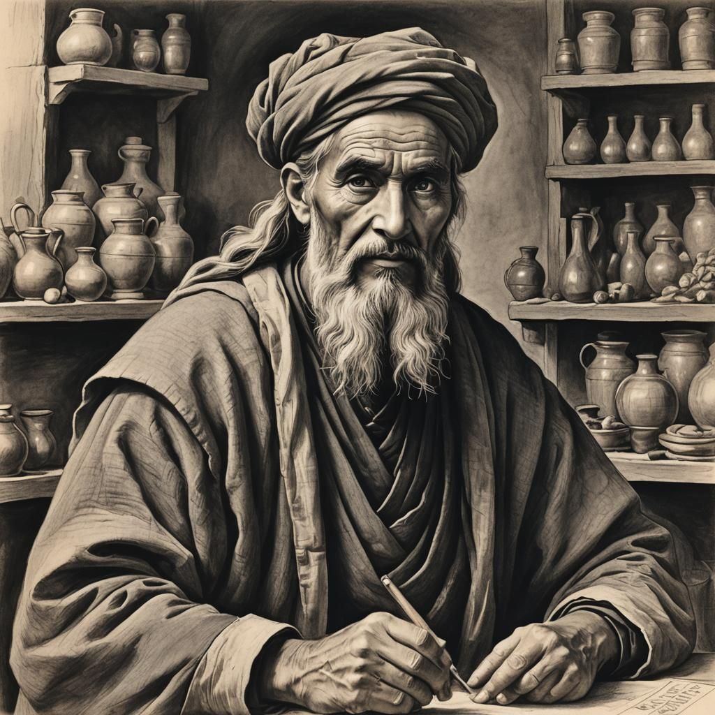 Historical Ancient Merchant Charcoal Drawing