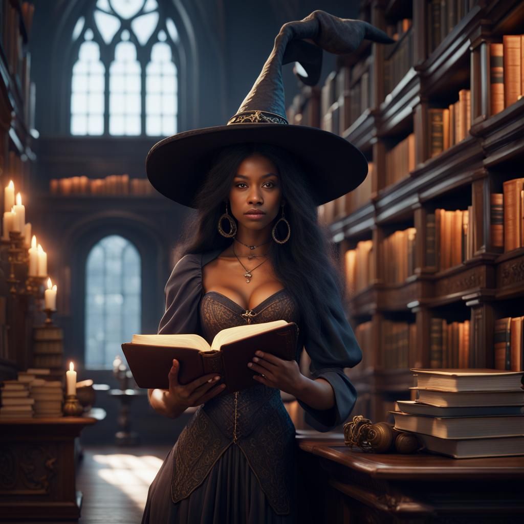 young mixed race witch with long hair reading in a noble library wearing beautiful dress and witch hat