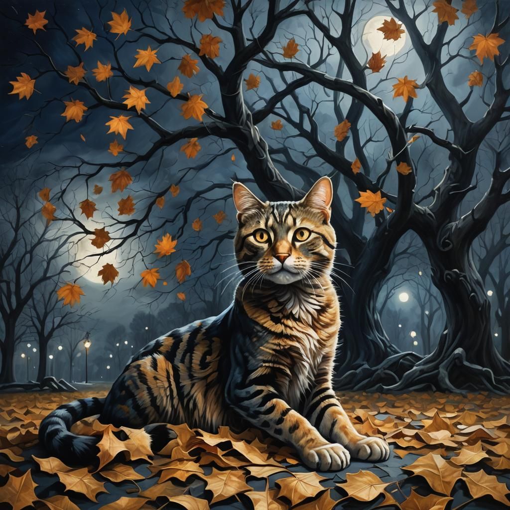 Surreal Autumn Cat Under Eerie Tree, Oil Painting