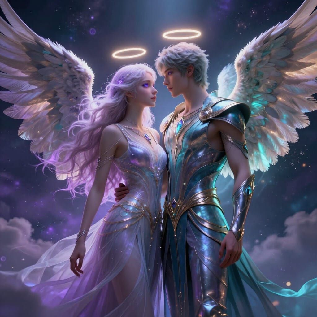 Angelic Couple With Glowing Wings in Celestial Realm