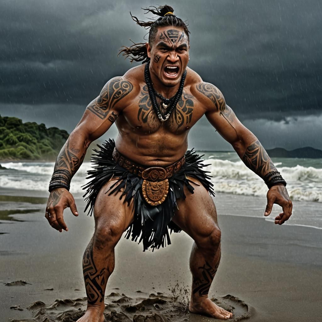 Maori Warrior Haka Portrait on Stormy Beach