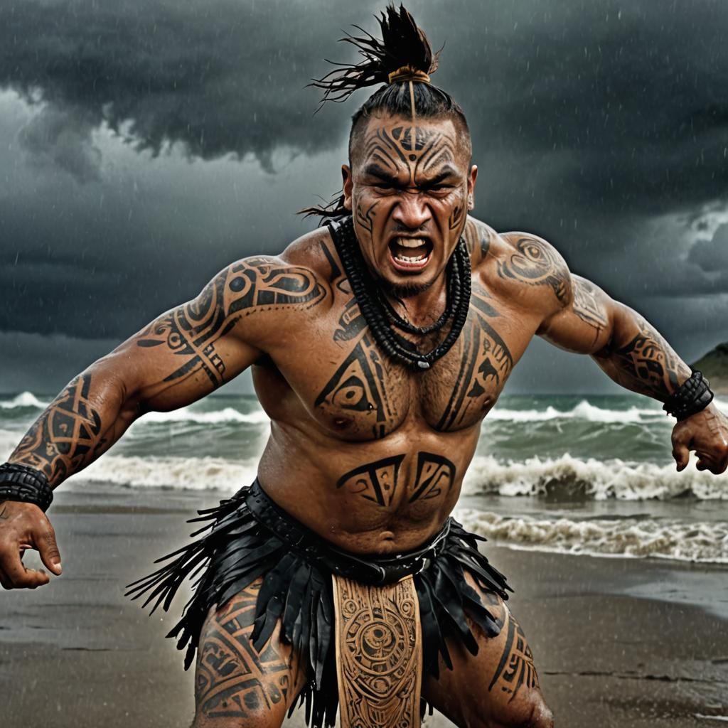 Maori Warrior Haka Portrait on Stormy Beach