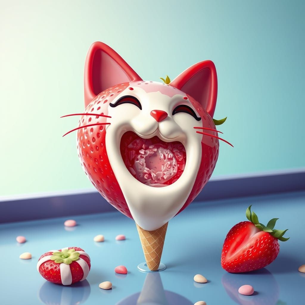 Whimsical Candy Cat Strawberry Delight