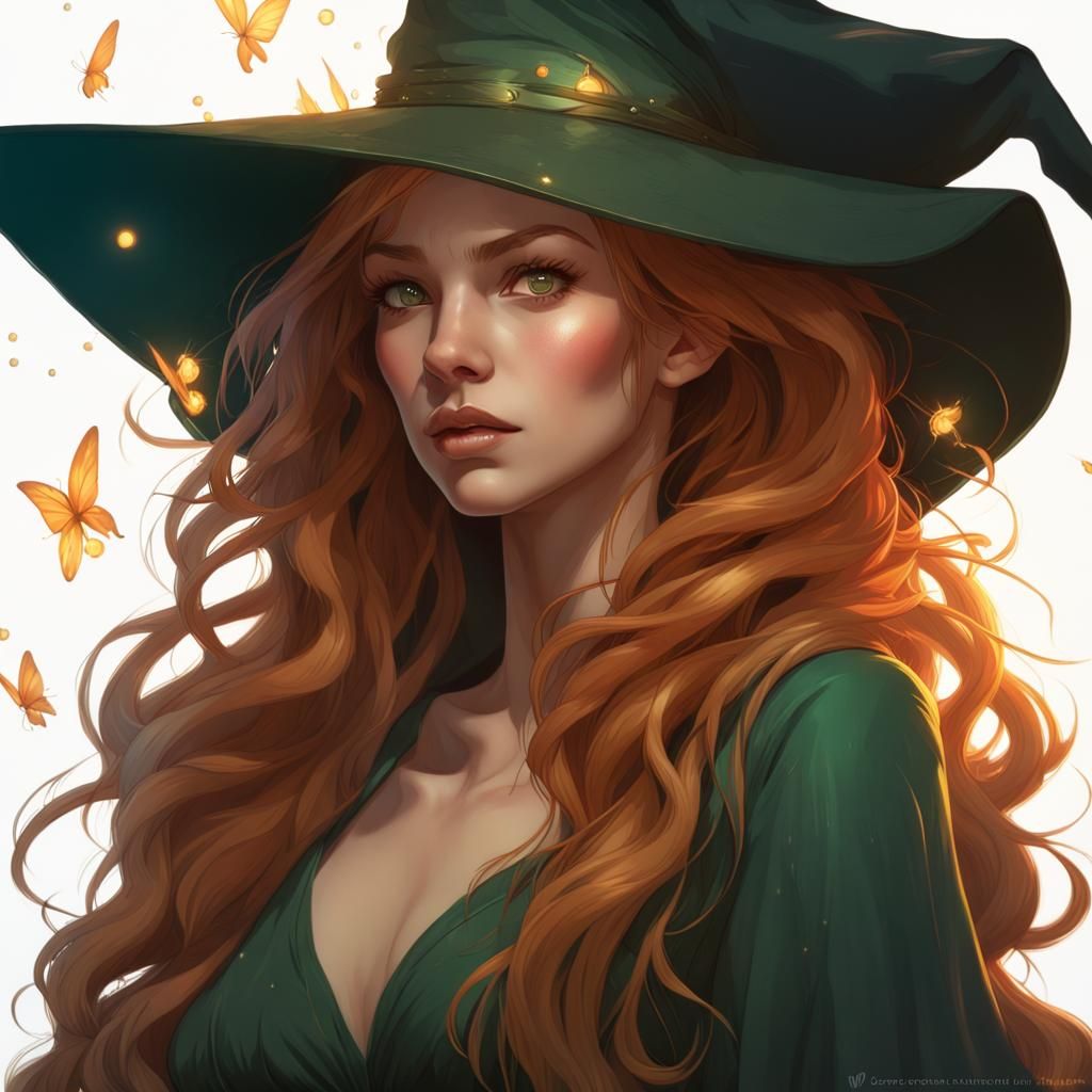 Enchanting Witch Portrait with Cat and Fireflies