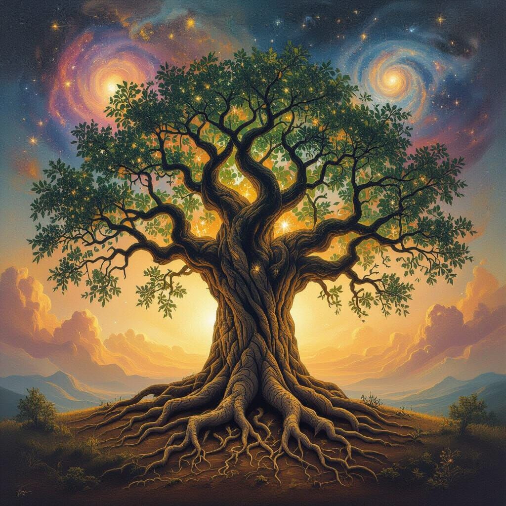 A majestic, ancient tree with roots that twist into the fabr...