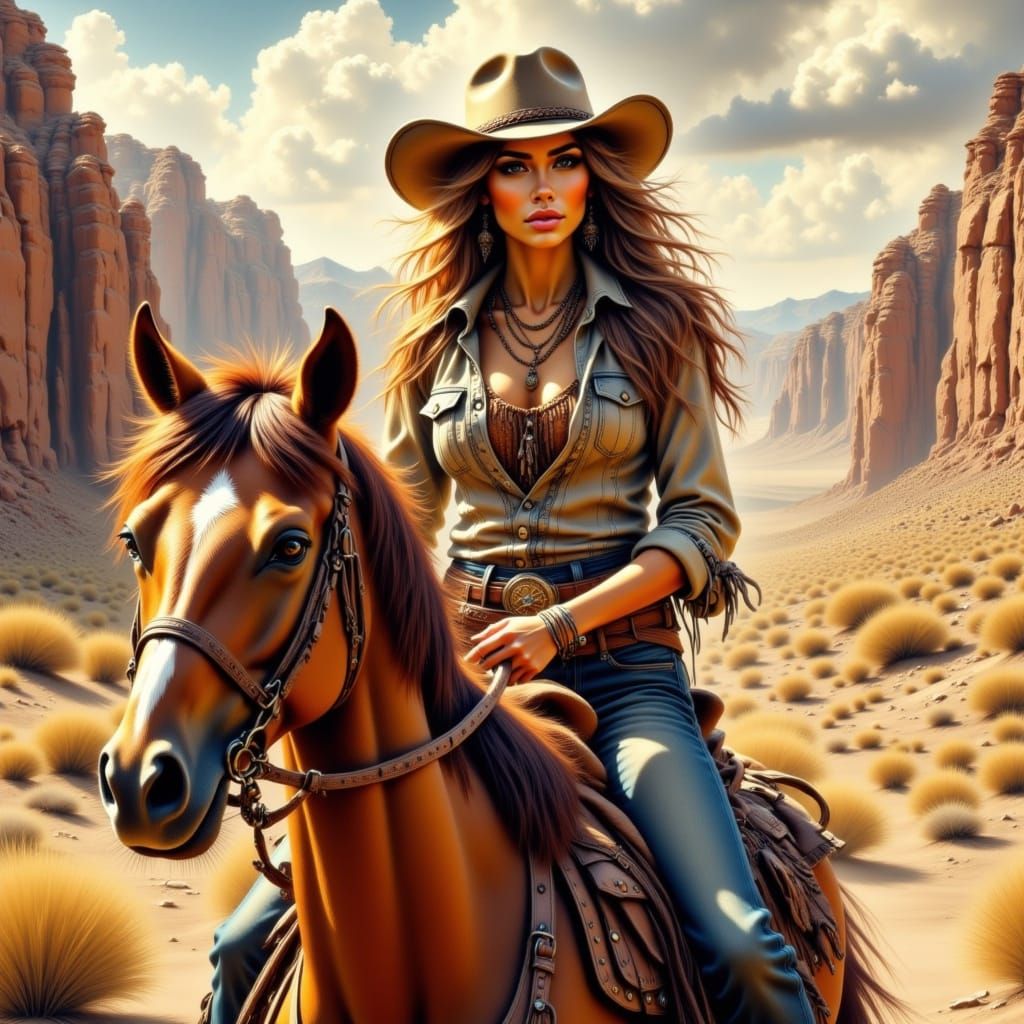 Rebellious American West Cowgirl Rides Majestic Horse Throug...