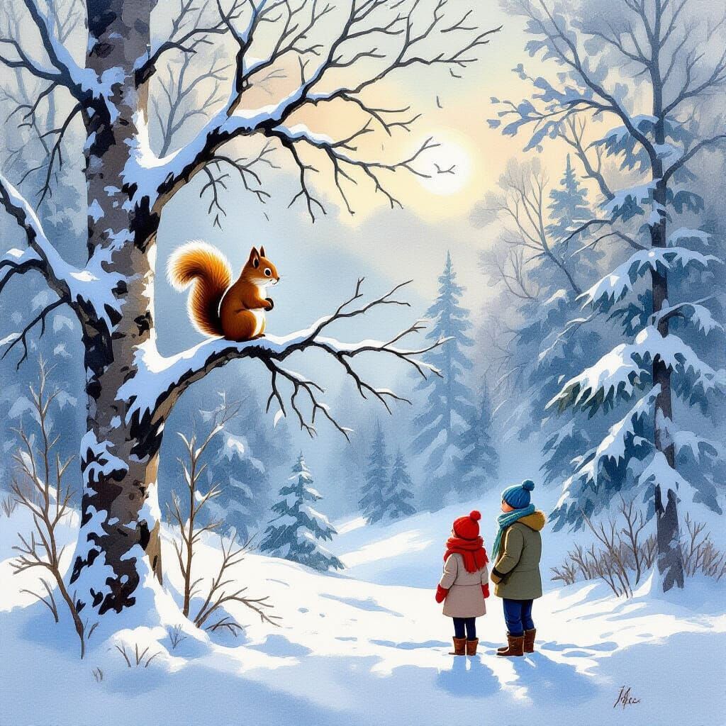 Winter Forest Scene with Squirrel and Figures