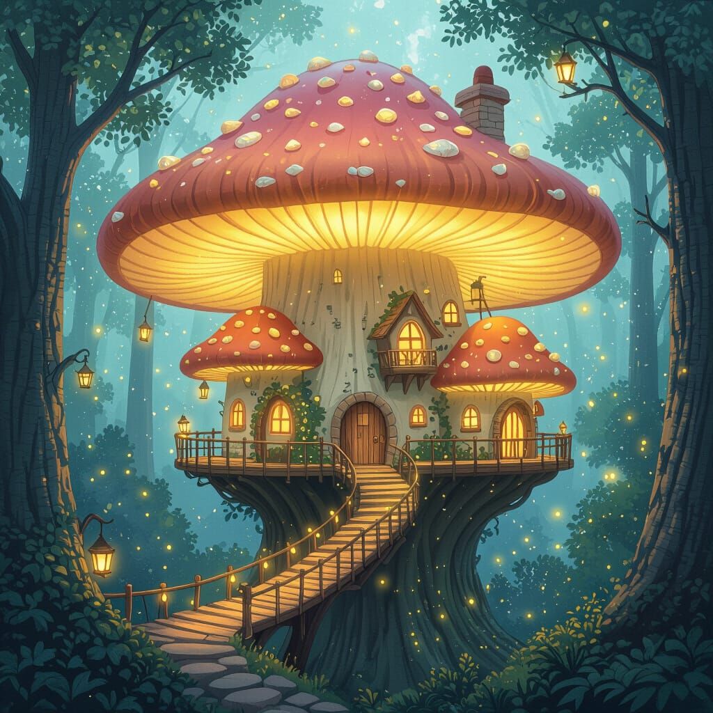 Bioluminescent Mushroom Treehouse Village: Storybook Illustr...
