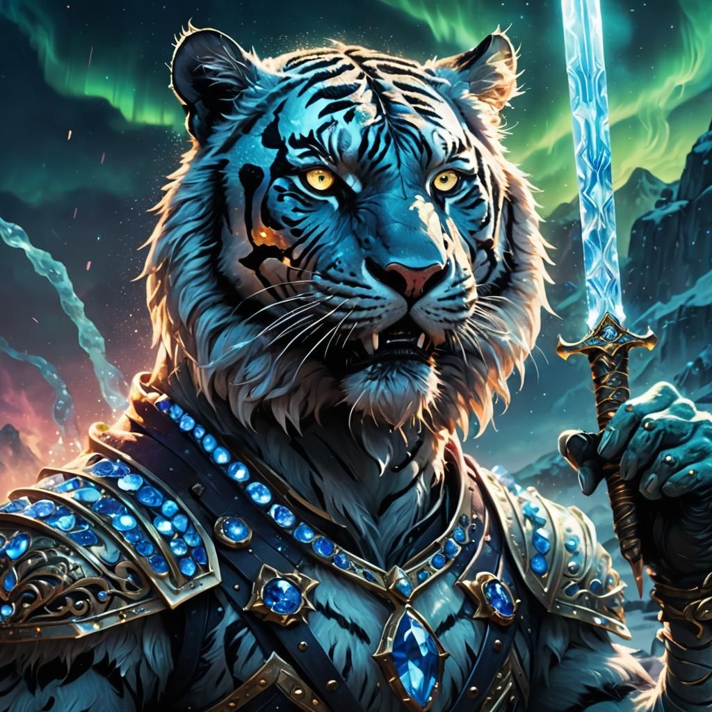Sapphire Tiger Warrior in Ethereal Fantasy Art